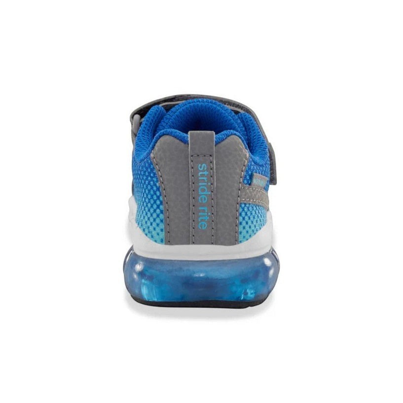 Allen's Bootery Stride Rite M2P Surge Bounce grey and blue athletic sneaker, back view showing light-up sole