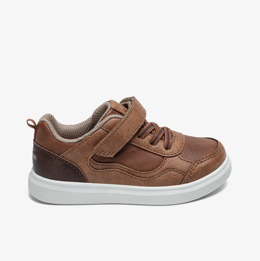 Allen's Bootery Stride Rite Nate tan leather sneaker for toddlers with a hook-and-loop strap and white rubber sole.