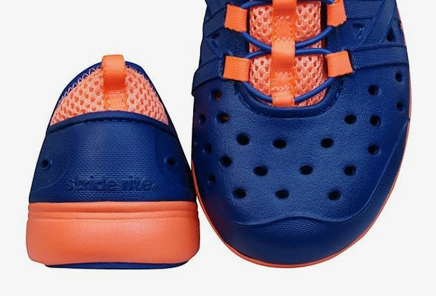 Allen's Bootery Stride Rite navy and orange perforated EVA water shoes with hook and loop closure