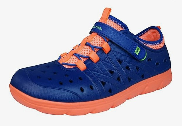 Allen's Bootery Stride Rite Made2Play Phibian navy and orange water shoe with perforated EVA upper and hook-loop strap.