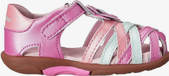 Allen's Bootery Stride Rite infant sandal in pink and white with woven straps and supportive SRT sole