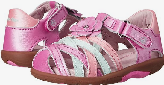 Allen's Bootery Stride Rite pink and white toddler sandals with a floral accent and sensory response technology