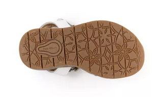 Allen's Bootery Stride Rite Summer Time white sandal showing the brown rubber traction sole with floral pattern