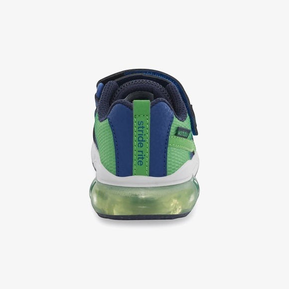 Allen's Bootery Stride Rite M2P Surge Bounce navy and green light-up sneaker, rear view showing EVA midsole.