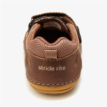 Allen's Bootery Stride Rite Sonny toddler sneaker sandal in brown leather with a cushioned heel and gum rubber sole.