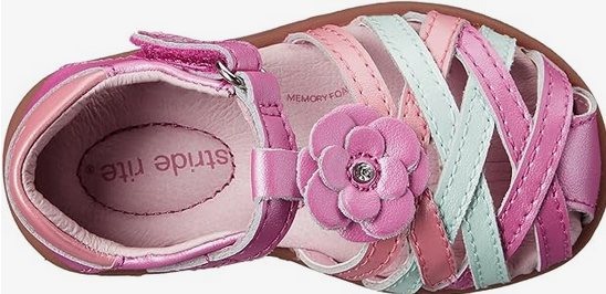 Allen's Bootery Stride Rite toddler sandal in pink and white with a floral accent and memory foam insole