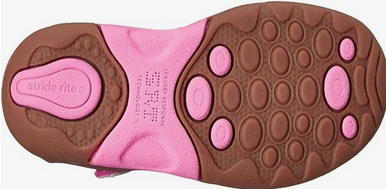 Allen's Bootery Stride Rite toddler shoe sole in pink and brown with Sensory Response Technology traction pattern