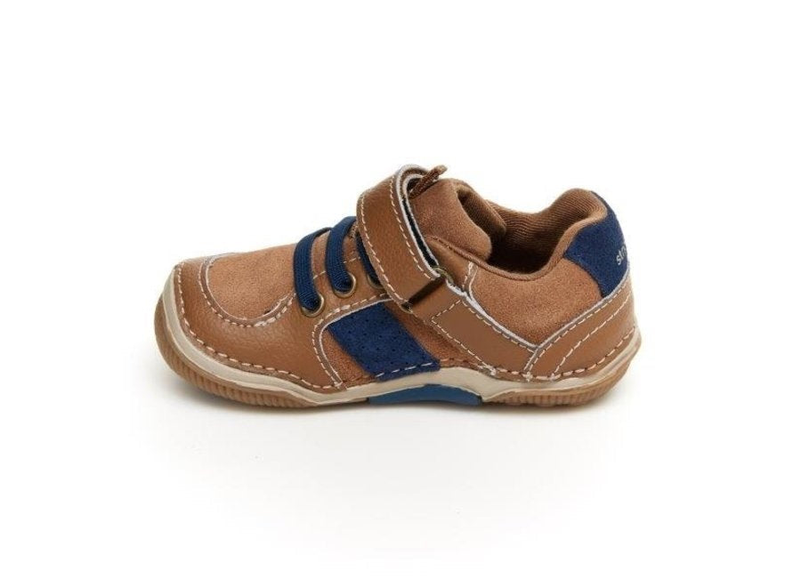 Allen's Bootery toddler sneaker in truffle brown leather and suede with blue accents and hook and loop closure.