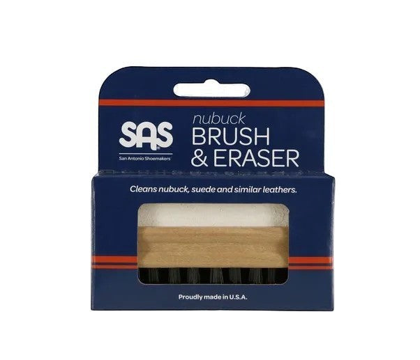 Allen's Bootery SAS suede and nubuck shoe cleaning brush and eraser set in blue retail packaging.
