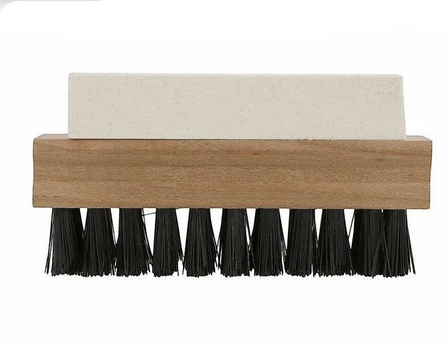 Allen's Bootery SAS suede and nubuck shoe brush with wooden handle, black nylon bristles, and cleaning eraser block.