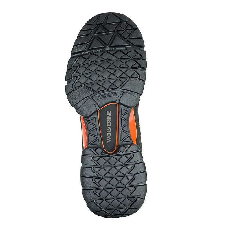 Allen's Bootery Surge LX work boot black rubber lug outsole with orange accent and slip-resistant tread pattern