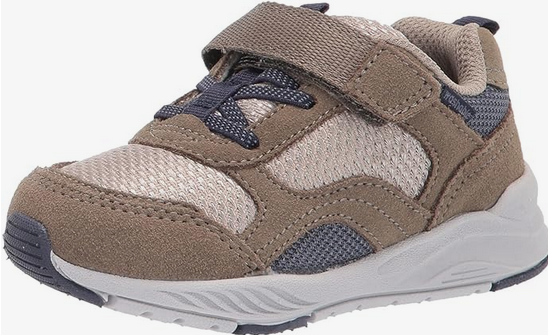Allen's Bootery taupe adaptable sneakers for kids with hook and loop closure, mesh panels, and cushioned footbed.