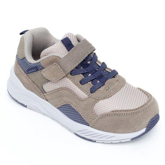 Allen's Bootery taupe and navy adaptable sneakers for kids with hook and loop closure and breathable mesh panels