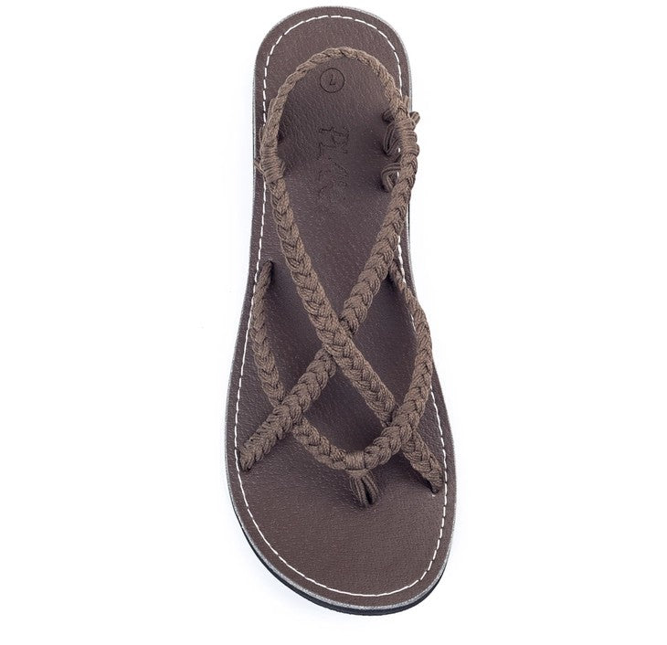 Allen's Bootery taupe Lagoon flat sandals with hand-woven nylon straps and durable rubber soles