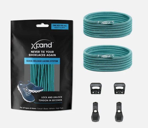 Allen's Bootery Xpand teal elastic quick-release shoelace kit with locking anchors and end clips in packaging.