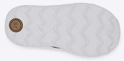 Allen's Bootery Jack toddler boot white flexible rubber outsole with wave tread pattern and brown circular logo