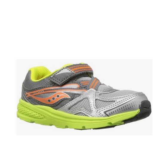 Allen's Bootery infant and toddler sneaker in grey, green, and orange with mesh upper and hook-and-loop closure.