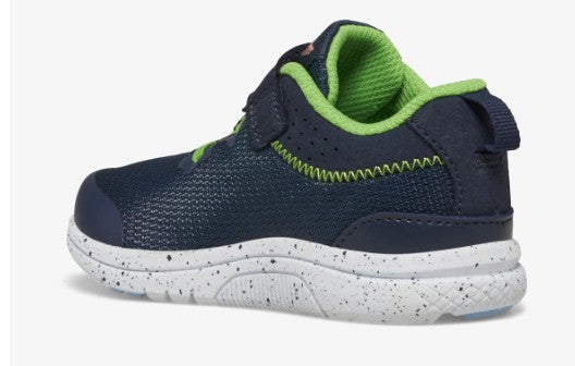 Allen's Bootery infant Kinvara 14 navy and green mesh sneaker with hook and loop closure and speckled EVA midsole