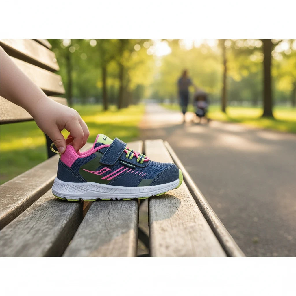 Allen's Bootery navy and pink toddler sneaker with mesh upper, hook-and-loop strap, and rubber sole on a park bench.