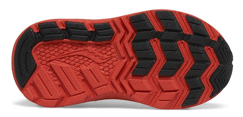 Allen's Bootery RIDE 10 JR toddler sneaker outsole in red and black with non-marking traction pods for grip.