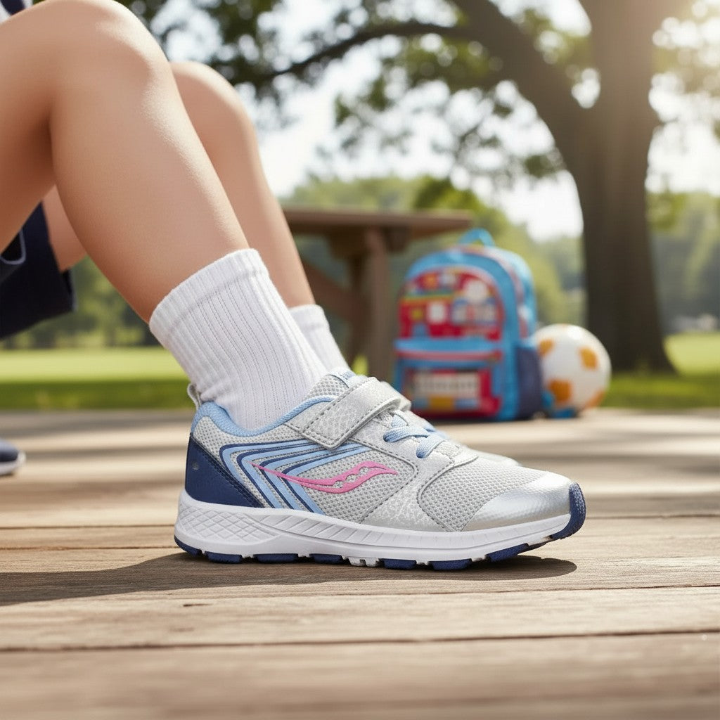 Allen's Bootery Wind FST Jr. silver, blue, and pink toddler sneaker with leather and mesh upper on a child's foot.