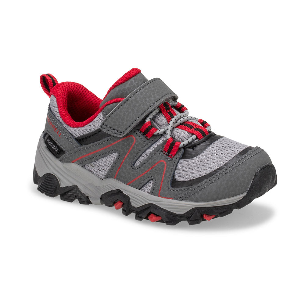 Allen's Bootery Trail Quest Jr toddler hiking shoe in grey, black, and red with hook and loop closure and mesh upper