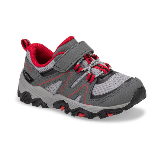 Allen's Bootery Trail Quest Jr toddler hiking shoe in grey, black, and red with hook and loop closure and mesh upper