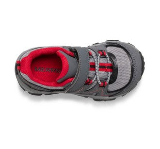 Allen's Bootery Trail Quest Jr toddler sneaker in grey, black, and red with hook and loop closure and mesh upper