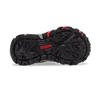 Allen's Bootery Trail Quest Jr toddler hiking shoe black rubber outsole with red traction lugs and Merrell branding