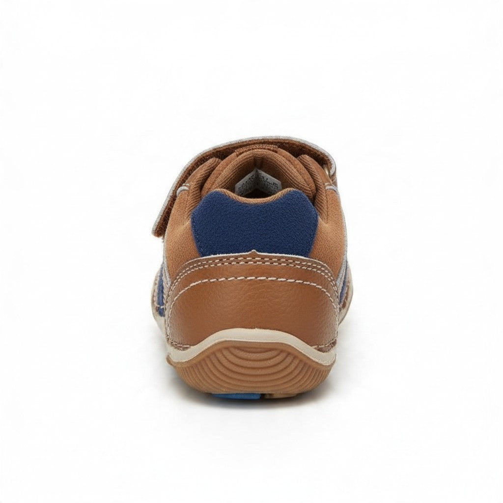 Allen's Bootery Stride Rite Wes toddler sneaker in truffle brown leather and suede with blue heel detail, back view