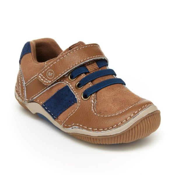 Allen's Bootery Stride Rite Wes toddler sneaker in truffle brown leather and suede with blue accents and velcro strap.