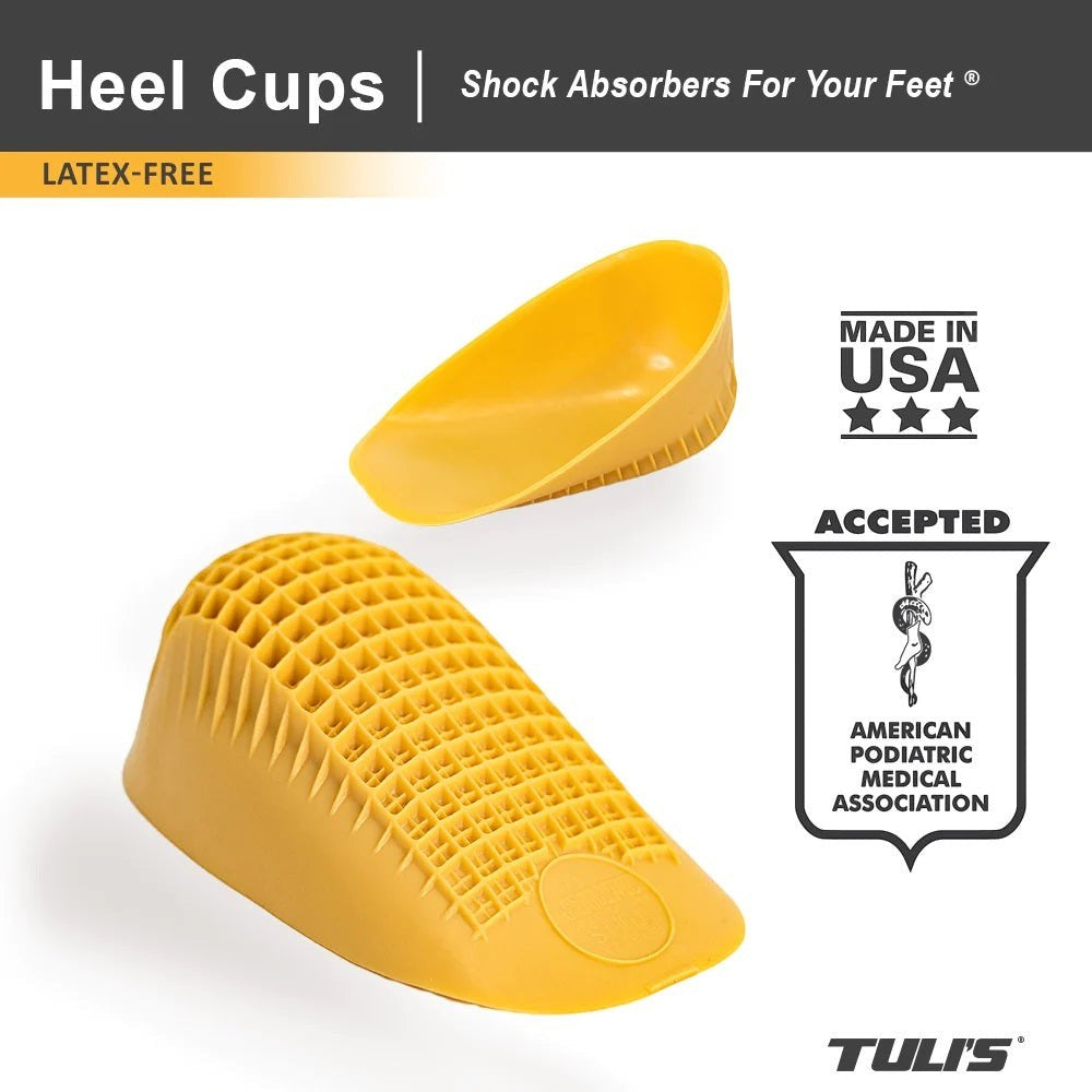 Allen's Bootery Tuli's yellow latex-free heel cups with shock-absorbing honeycomb design for foot pain relief.