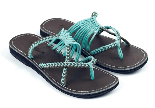 Allen's Bootery Oceanside hand-woven turquoise and grey rope flip-flops with a durable rubber sole