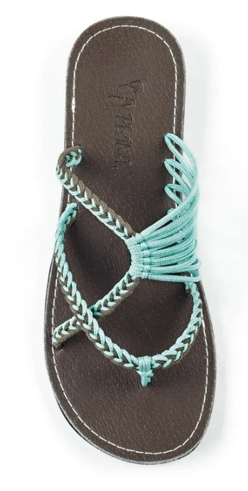 Allen's Bootery Oceanside hand-woven turquoise and grey rope flip-flops with a durable rubber sole