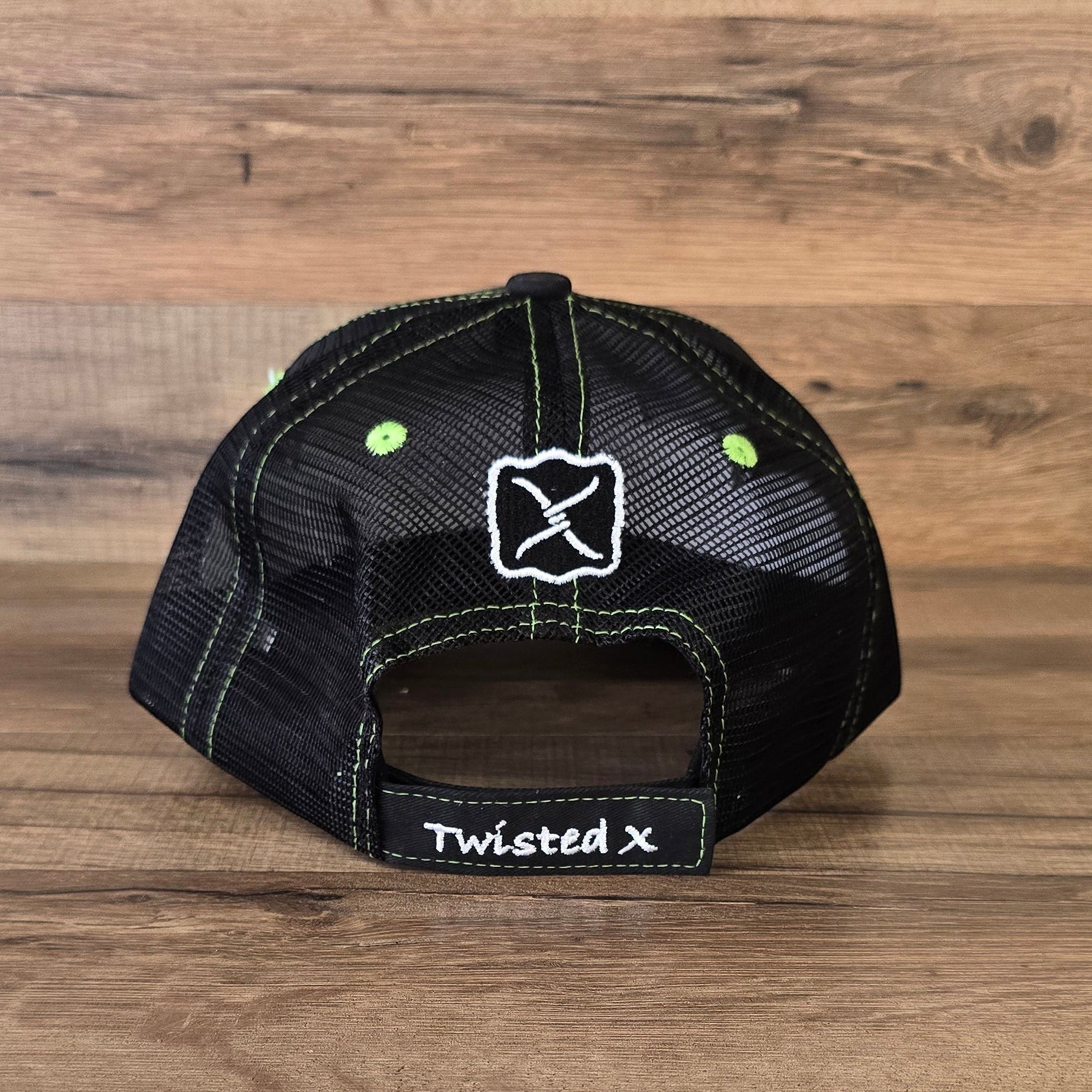 Allen's Bootery Twisted X black mesh cap with lime green stitching and back logo embroidery