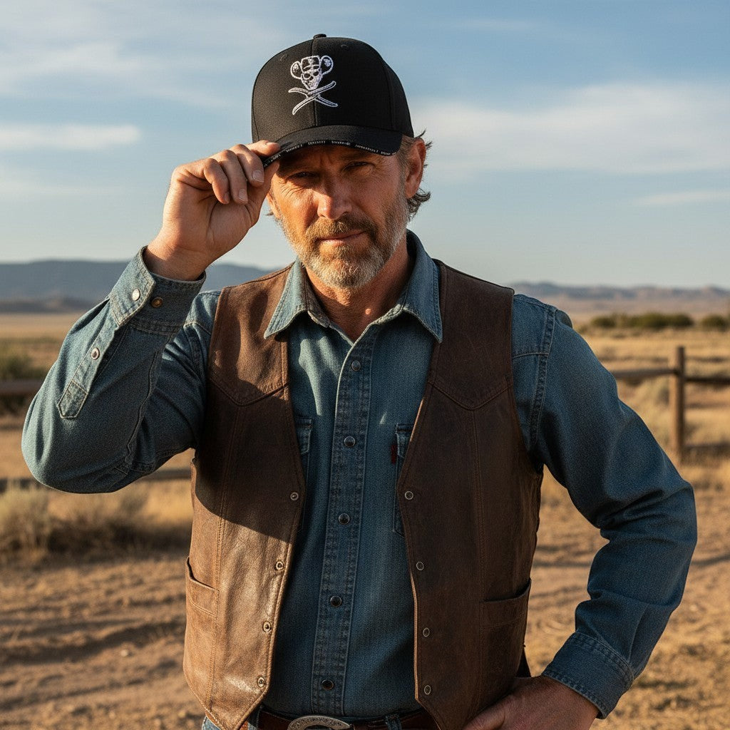 Allen's Bootery black Twisted X ball cap with skull embroidery worn by a man in a leather vest outdoors