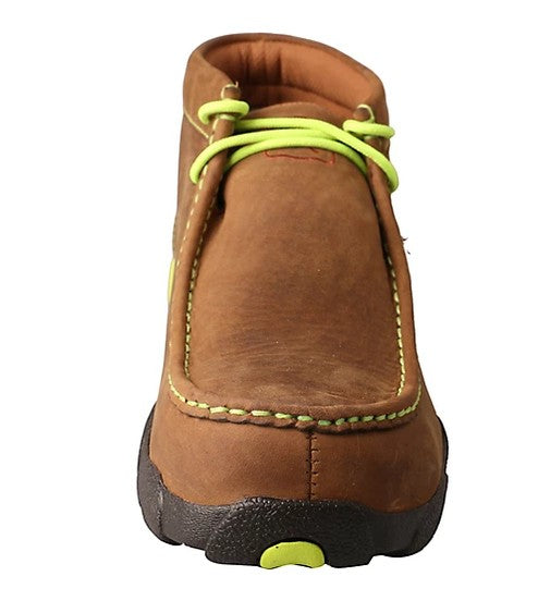 Allen's Bootery Twisted X brown leather driving moccasin with bright neon green laces and stitching