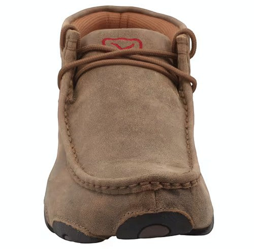 Allen's Bootery Twisted X brown suede driving moccasin shoe with replacement laces and red logo detail