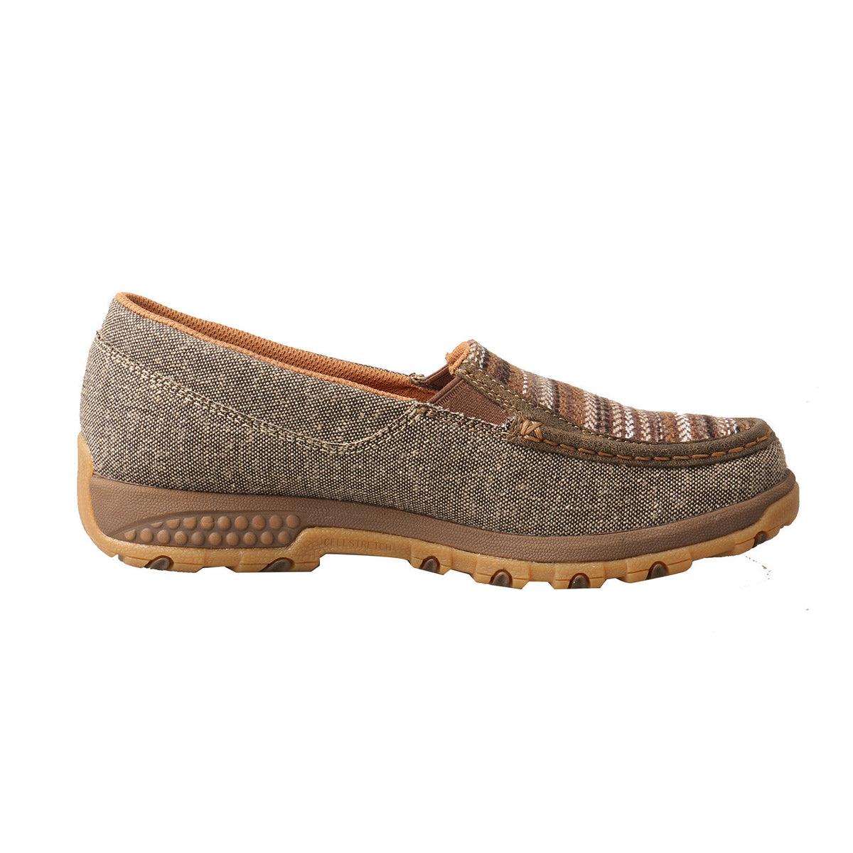 Allen's Bootery Twisted X ecoTWX tweed slip-on driving moccasin in dust and multi-pattern fabric with rubber outsole