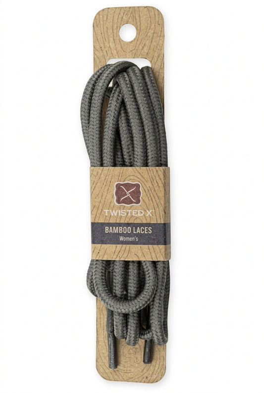 Allen's Bootery TWISTED X grey braided bamboo shoe laces on sustainable cardboard packaging
