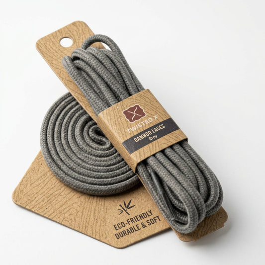 Allen's Bootery Twisted X grey bamboo shoe laces on a branded cardboard display card for eco-friendly footwear.
