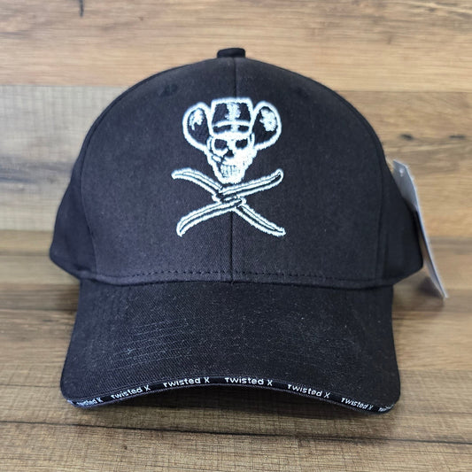 Allen's Bootery black Twisted X ball cap featuring an embroidered skull wearing a cowboy hat and crossed swords.