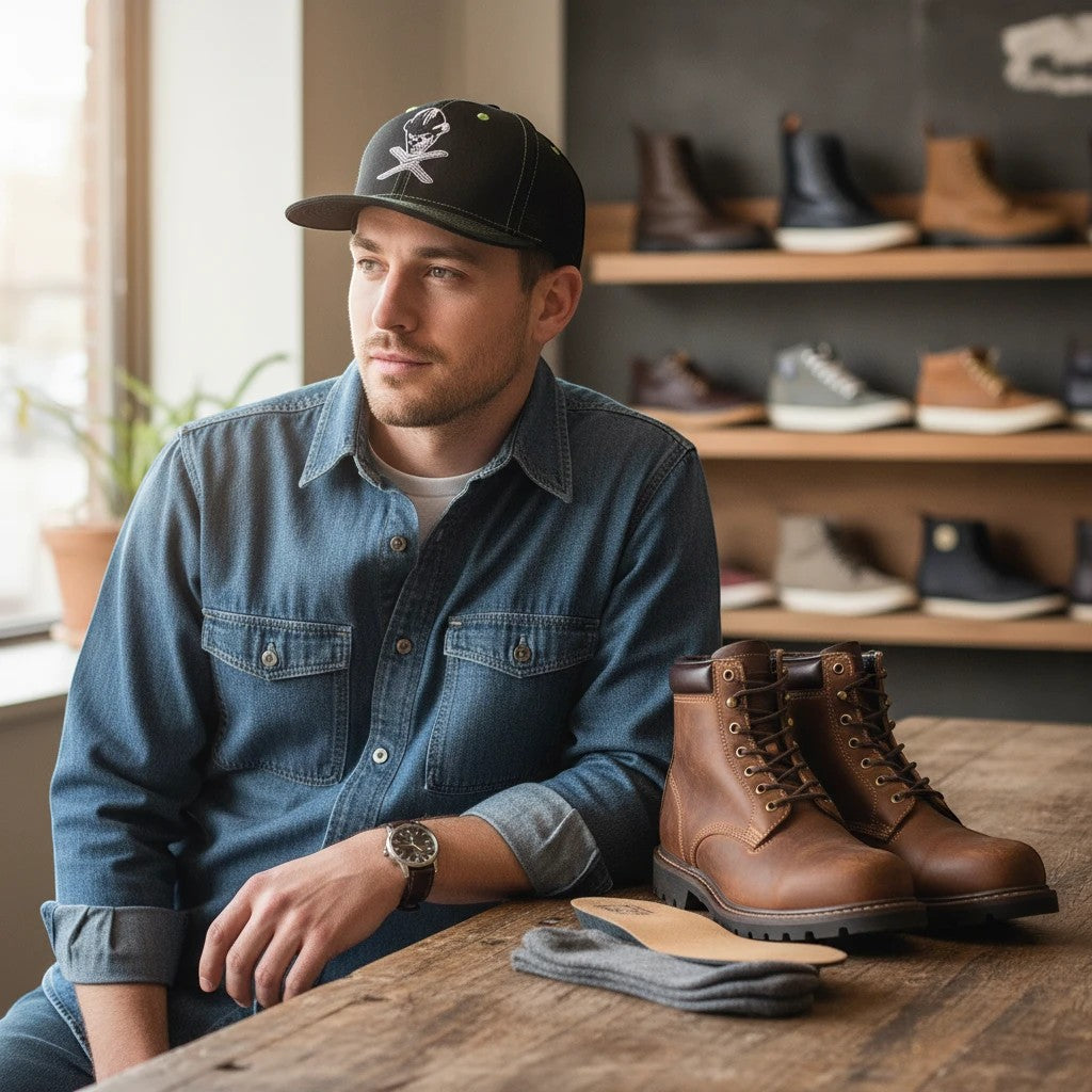 Man wearing a black Twisted X skull mesh hat with lime green stitching, sitting by brown leather work boots.