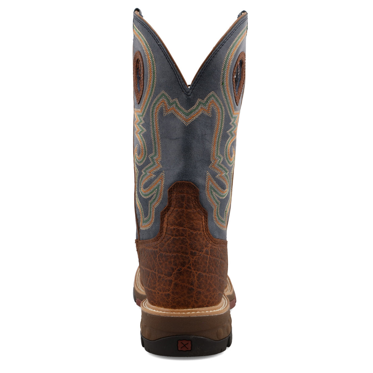 Allen's Bootery Twisted X men's western work boot in saddle brown and peacock blue with intricate shaft stitching