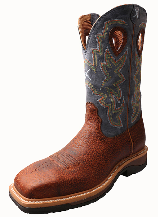 Allen's Bootery Twisted X men's 12-inch western work boot in navy and peanut leather with square toe and pull holes.