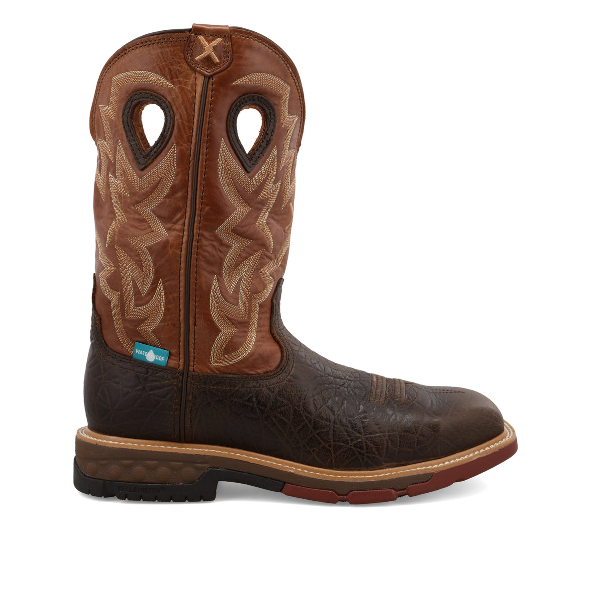 Allen's Bootery Twisted X men's 12-inch waterproof alloy toe western work boot in chocolate and spice full-grain leather