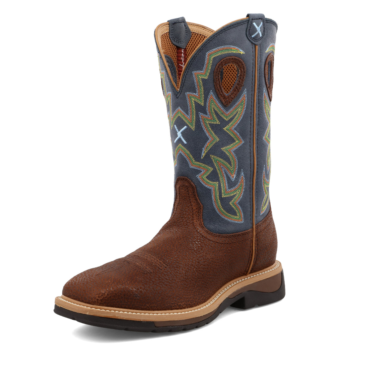 Allen's Bootery Twisted X men's 12-inch western work boot in navy and peanut leather with decorative stitching.