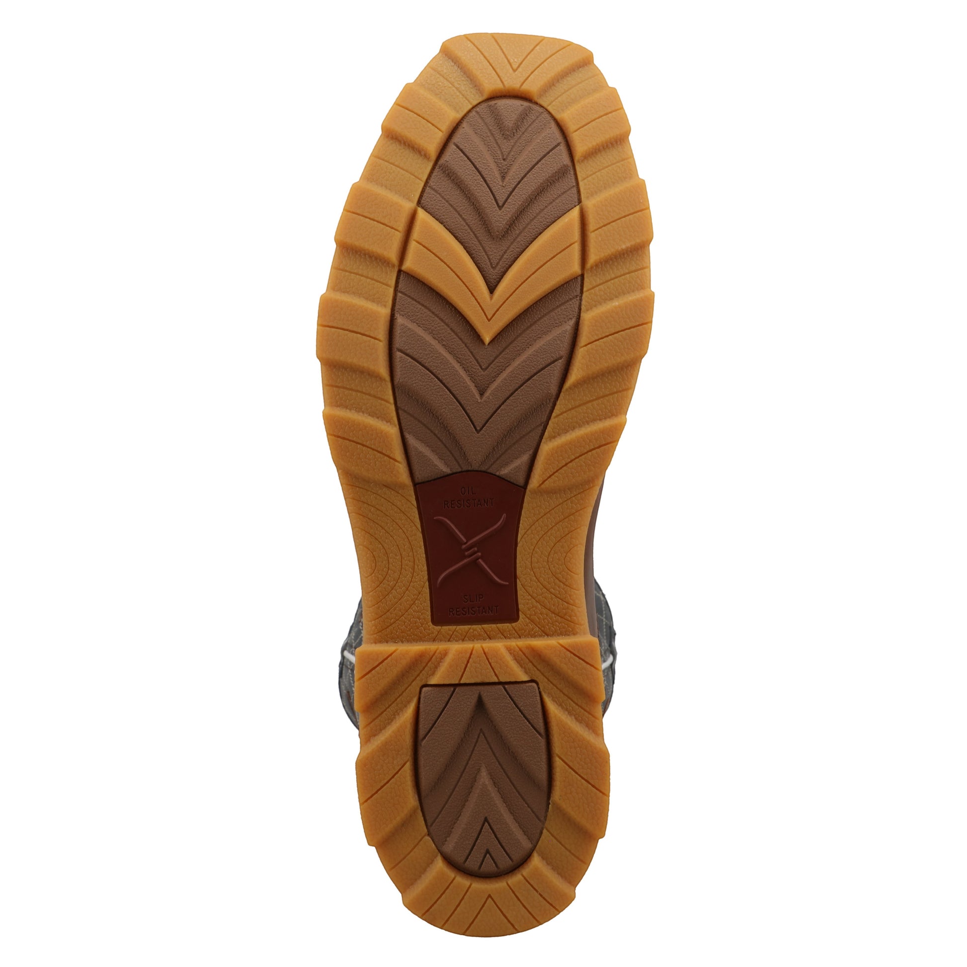 Allen's Bootery UltraLite X work boot showing the brown and tan oil-resistant rubber outsole with a block heel.