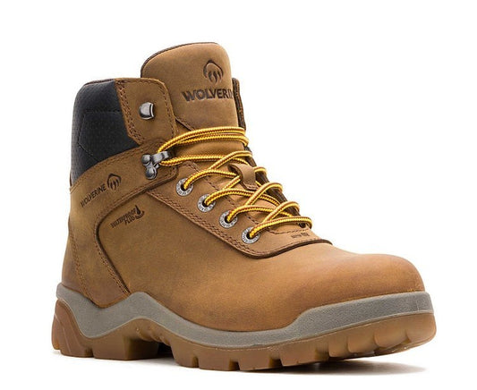 Allen's Bootery Vantage HyperRest dark tan waterproof leather work boot with composite toe and yellow laces.