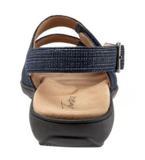 Allen's Bootery Vine navy blue leather sandal with adjustable back strap and cushioned memory foam footbed